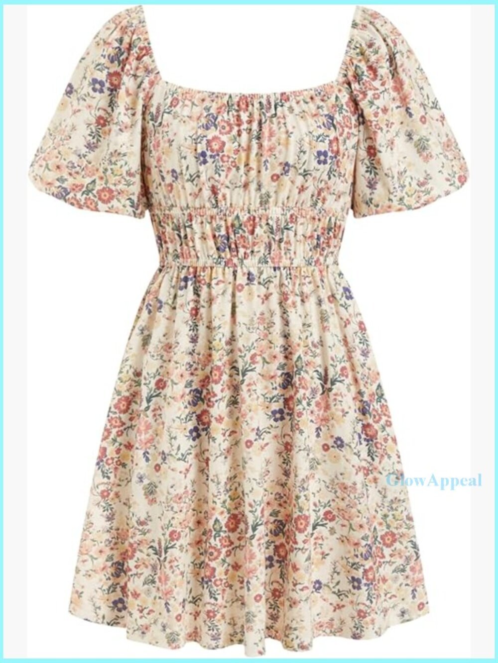 Floral Mini Dress Smocked Waist Square Neck Puff Sleeve Boho Casual